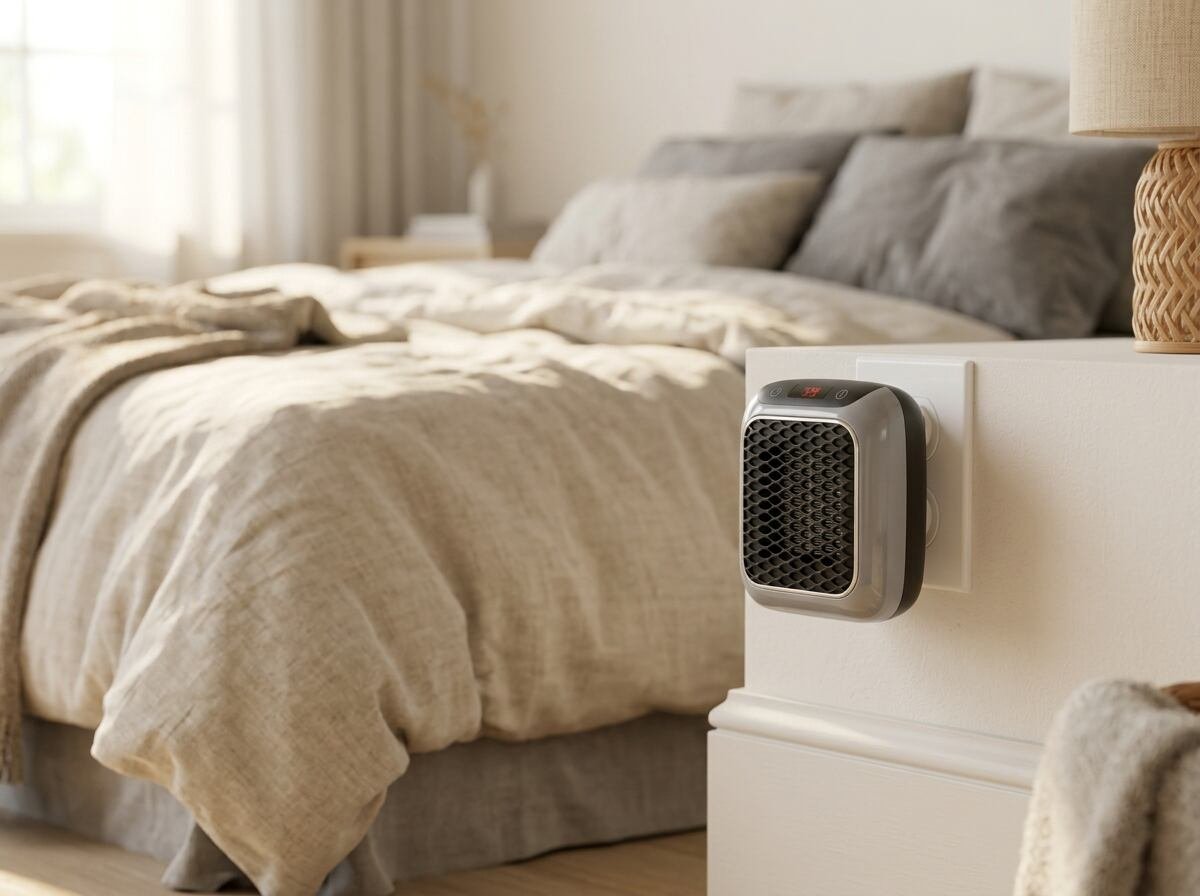 Wall-mounted heater in a calm neutral bedroom