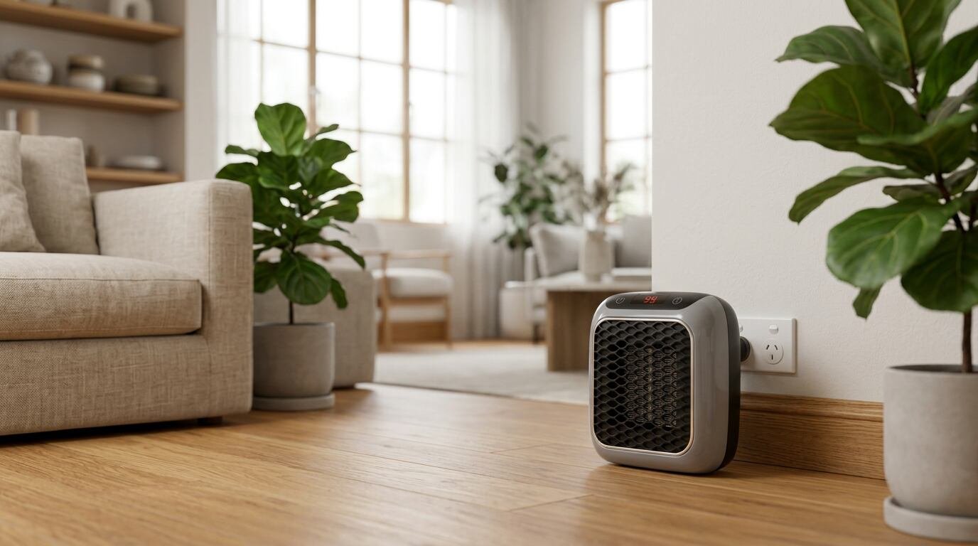 Compact wall-mounted ceramic heater installed on the wall of a modern living space