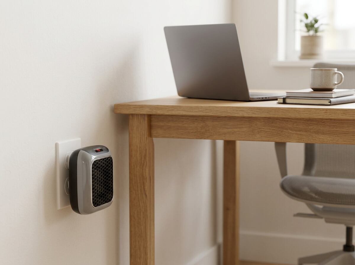 Wall-mounted heater above a timber desk in a home office
