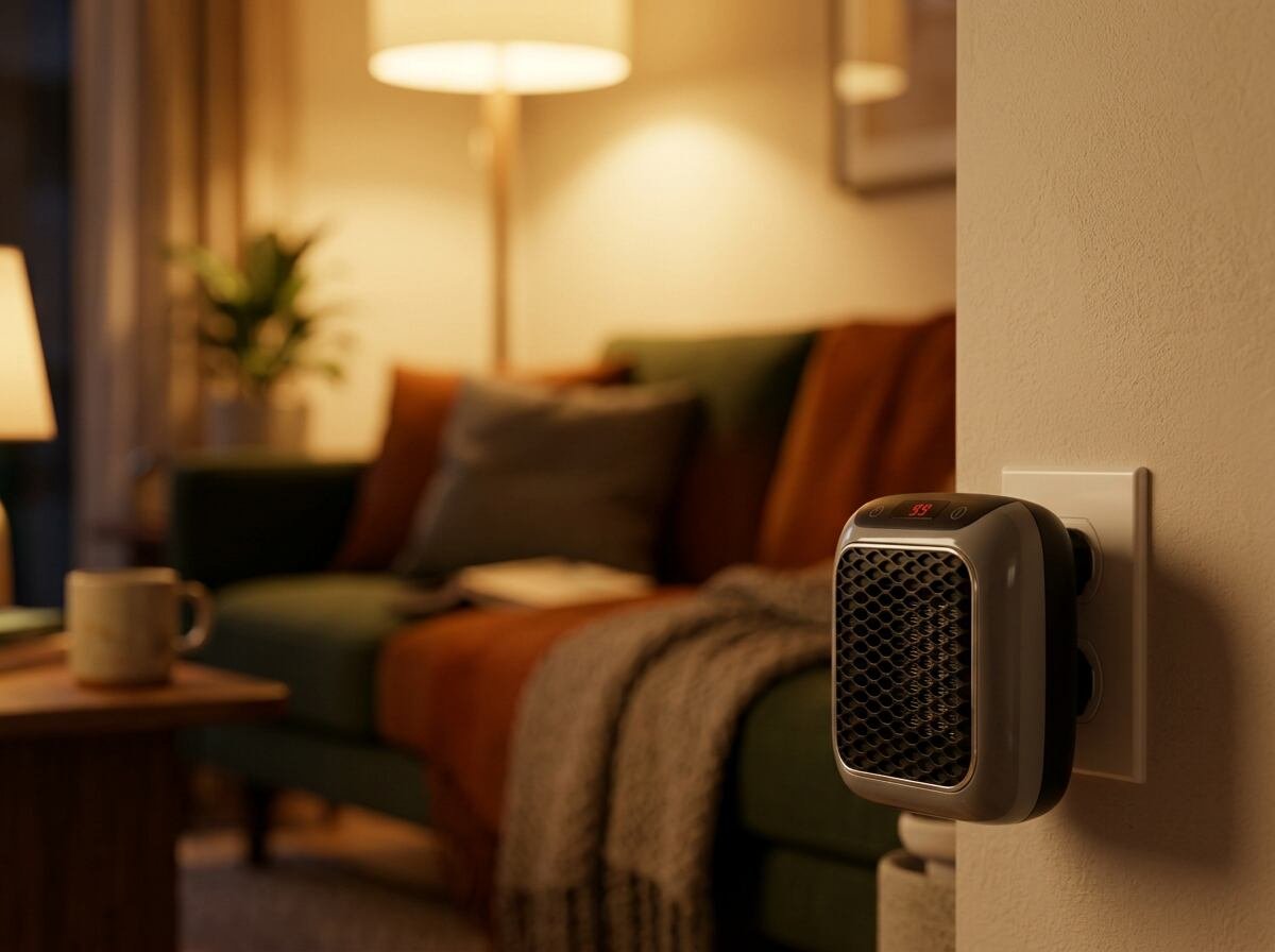 Wall-mounted heater in a living room during the evening