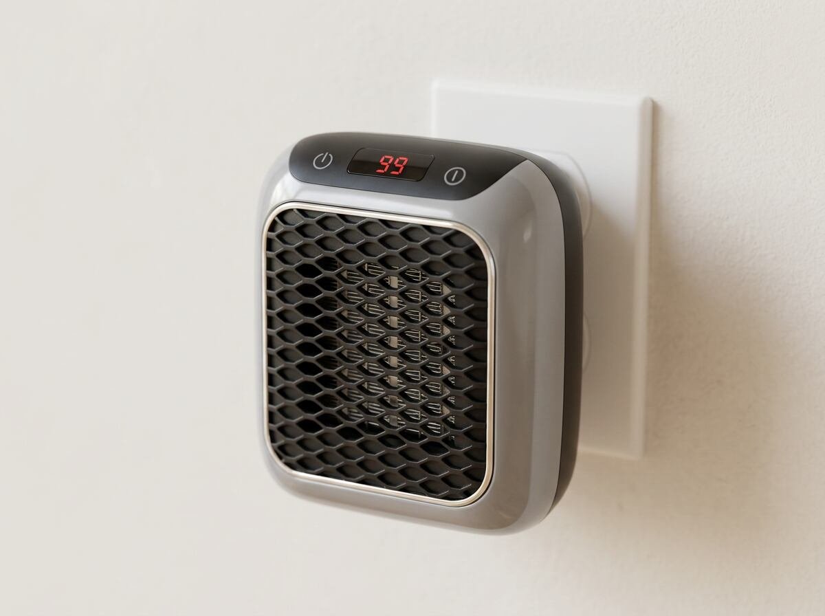 Three-quarter view of the compact wall-mounted ceramic heater